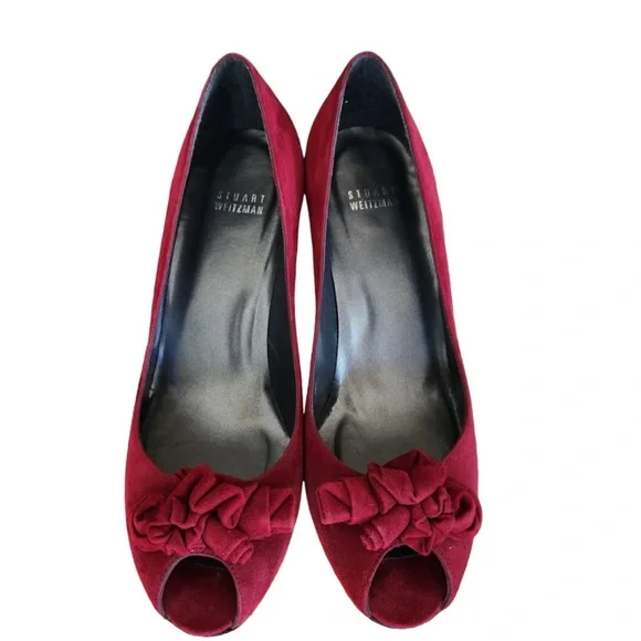 Stuart‎ Weitzman Red Suede Ruffle Bow Heels Pumps Size 9.5 - Picture 3 of 8